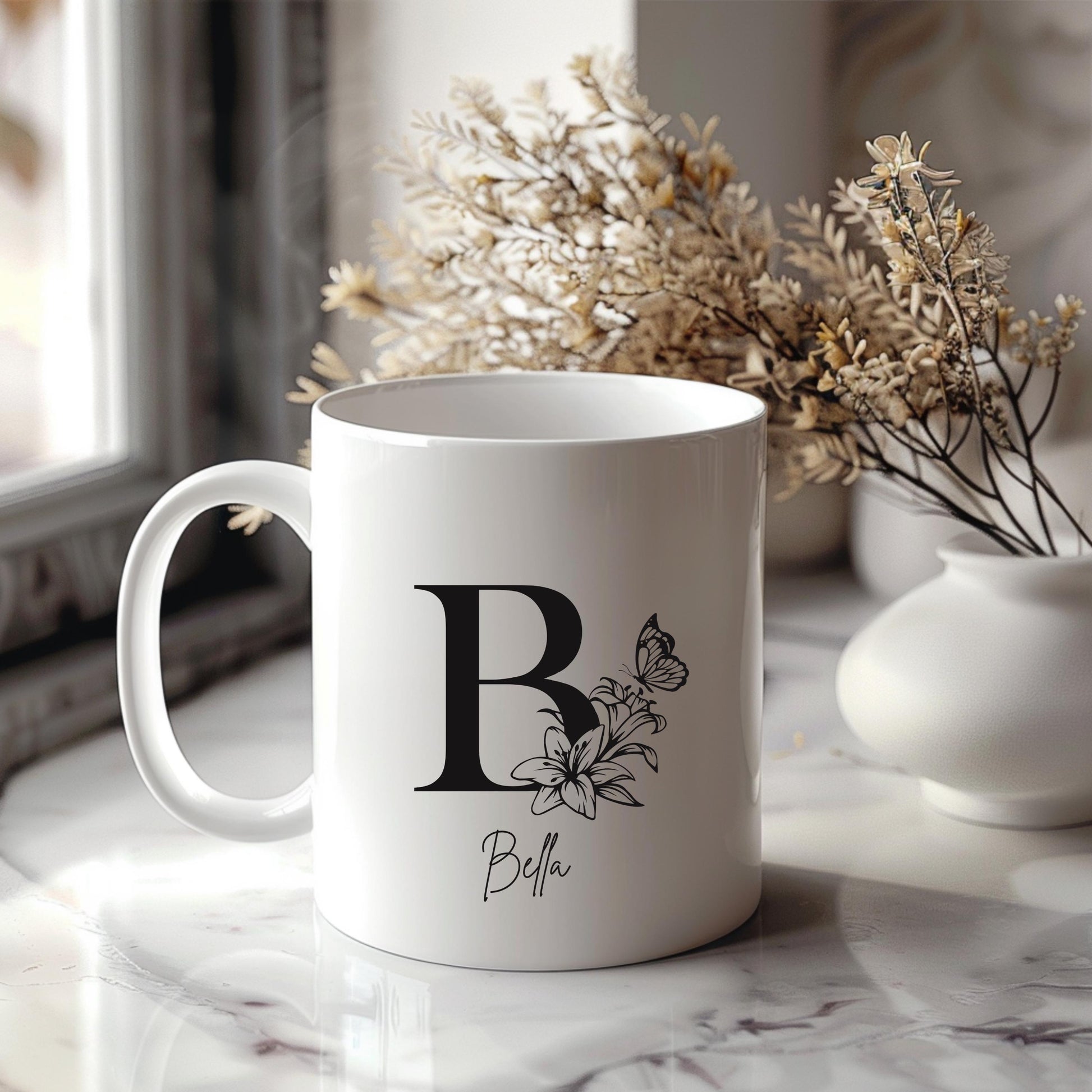 Personalised Floral Name Initial Mug. Custom Letter Coffee Tea Cup Gift For Her, Birthday, Mother's Day, Bridesmaid