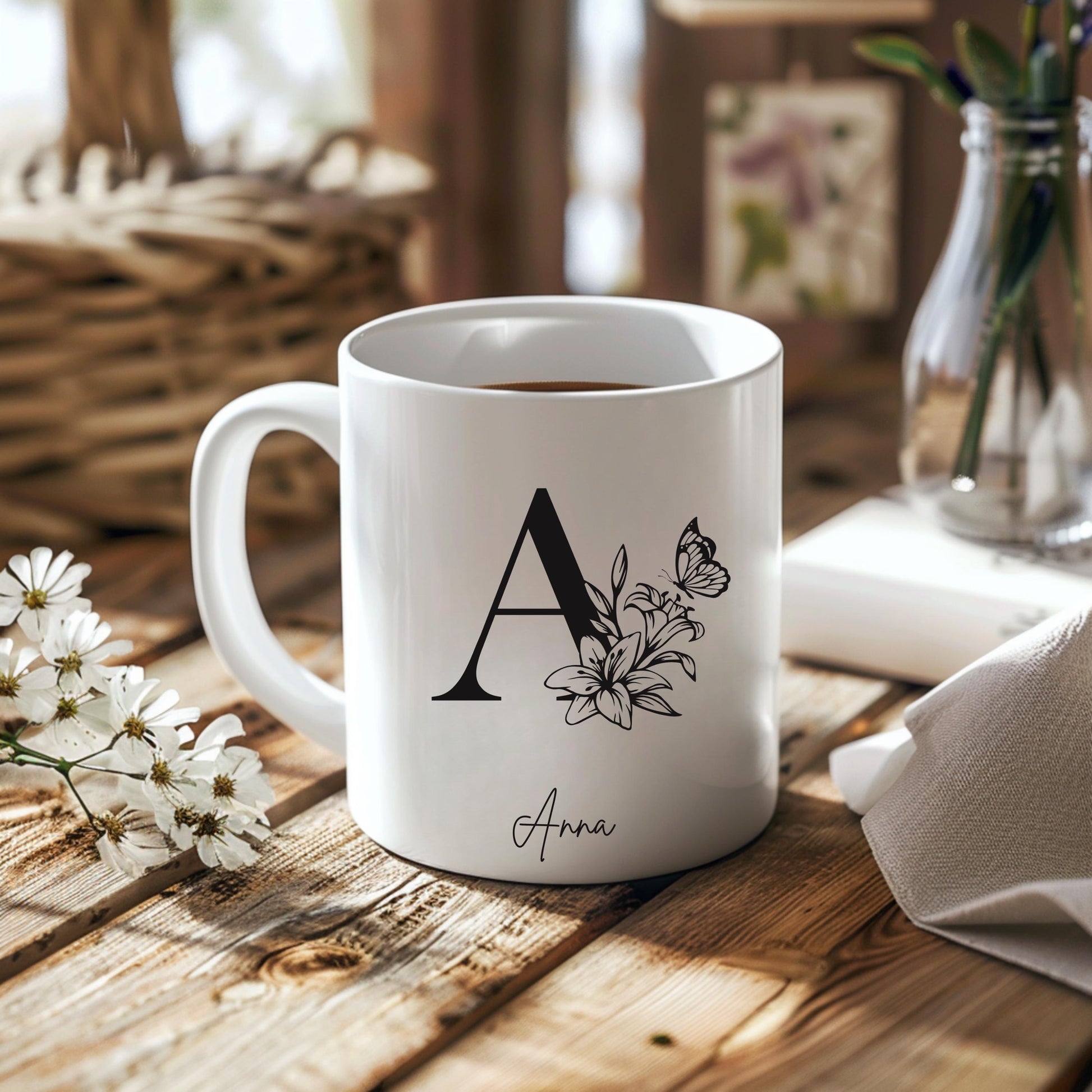 Personalised Floral Name Initial Mug. Custom Letter Coffee Tea Cup Gift For Her, Birthday, Mother's Day, Bridesmaid